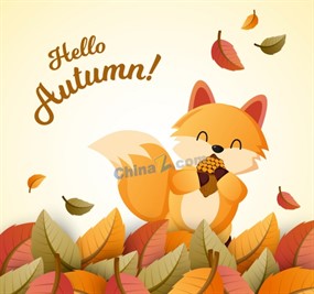 秋季落叶狐狸矢量素材